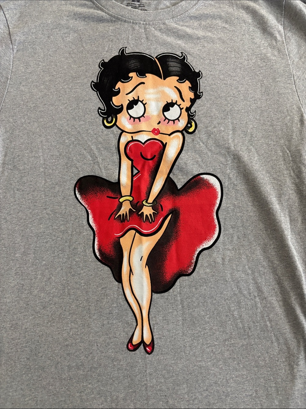 Betty Boop Red Dress Graphic Tee Gray Cartoon Pin Up Shirt Sz M - Picture 3 of 8